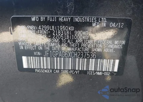 2012 Subaru Impreza 2.0I Limited from USA, damaged, VIN JF1GPAG6XCH237536